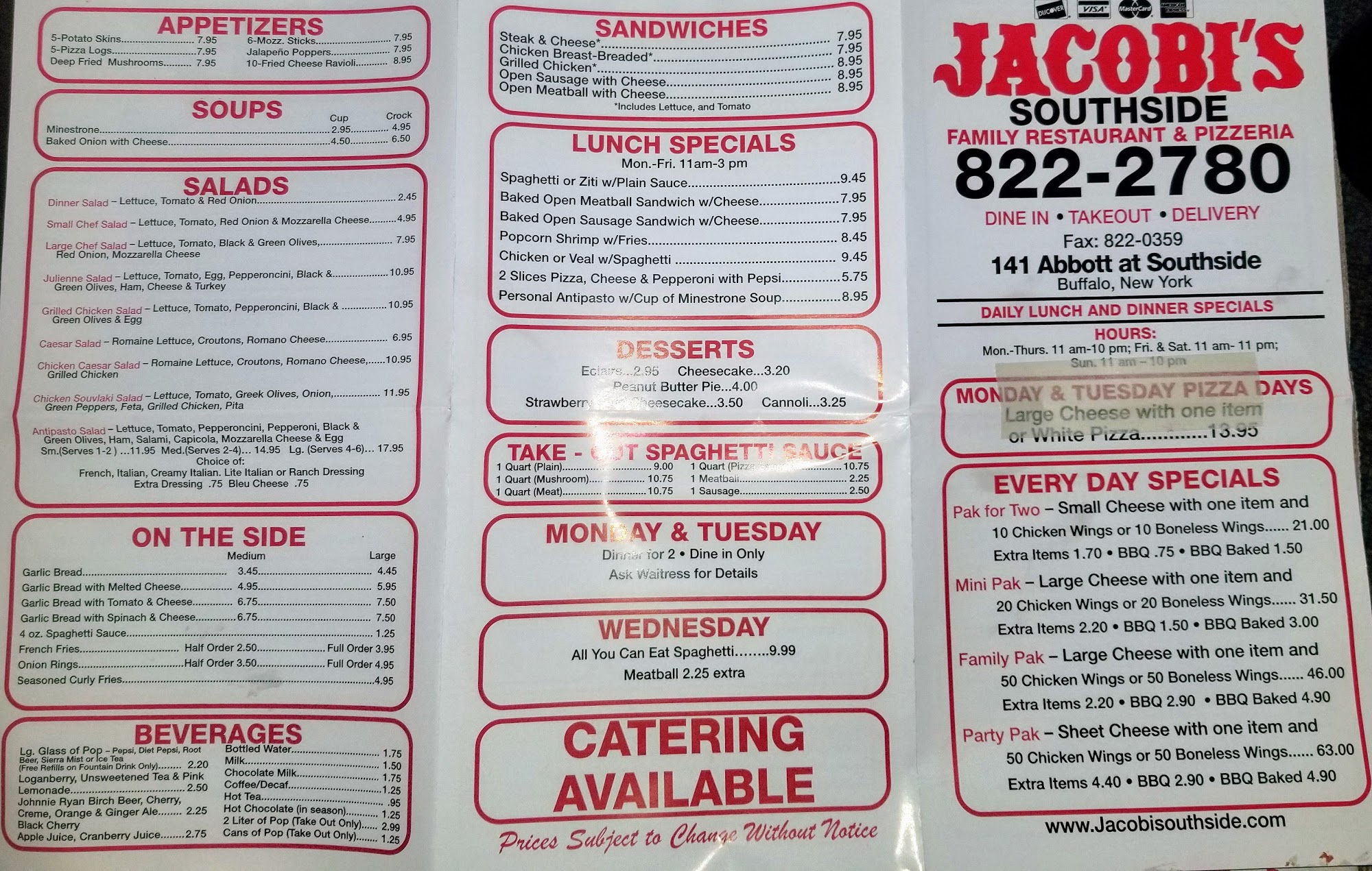 Jacobi's Southside Family Restaurant & Pizzeria Menu