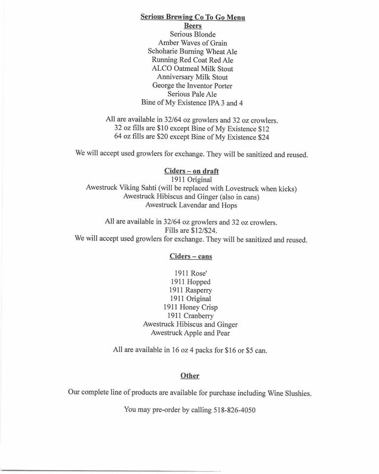 Serious Brewing Company Menu
