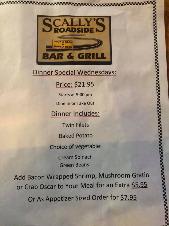 Scally's Roadside Bar & Grill Menu
