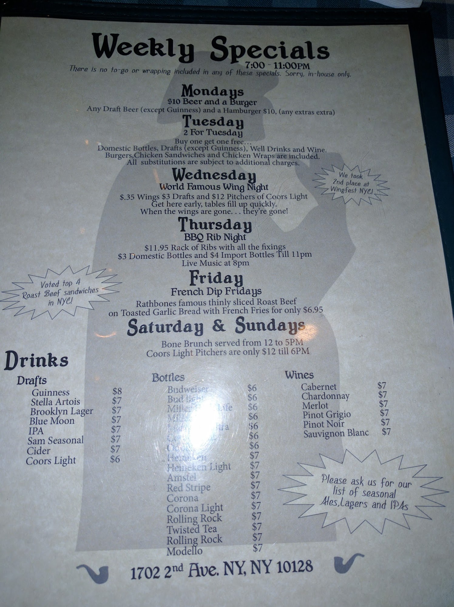 Rathbones Menu