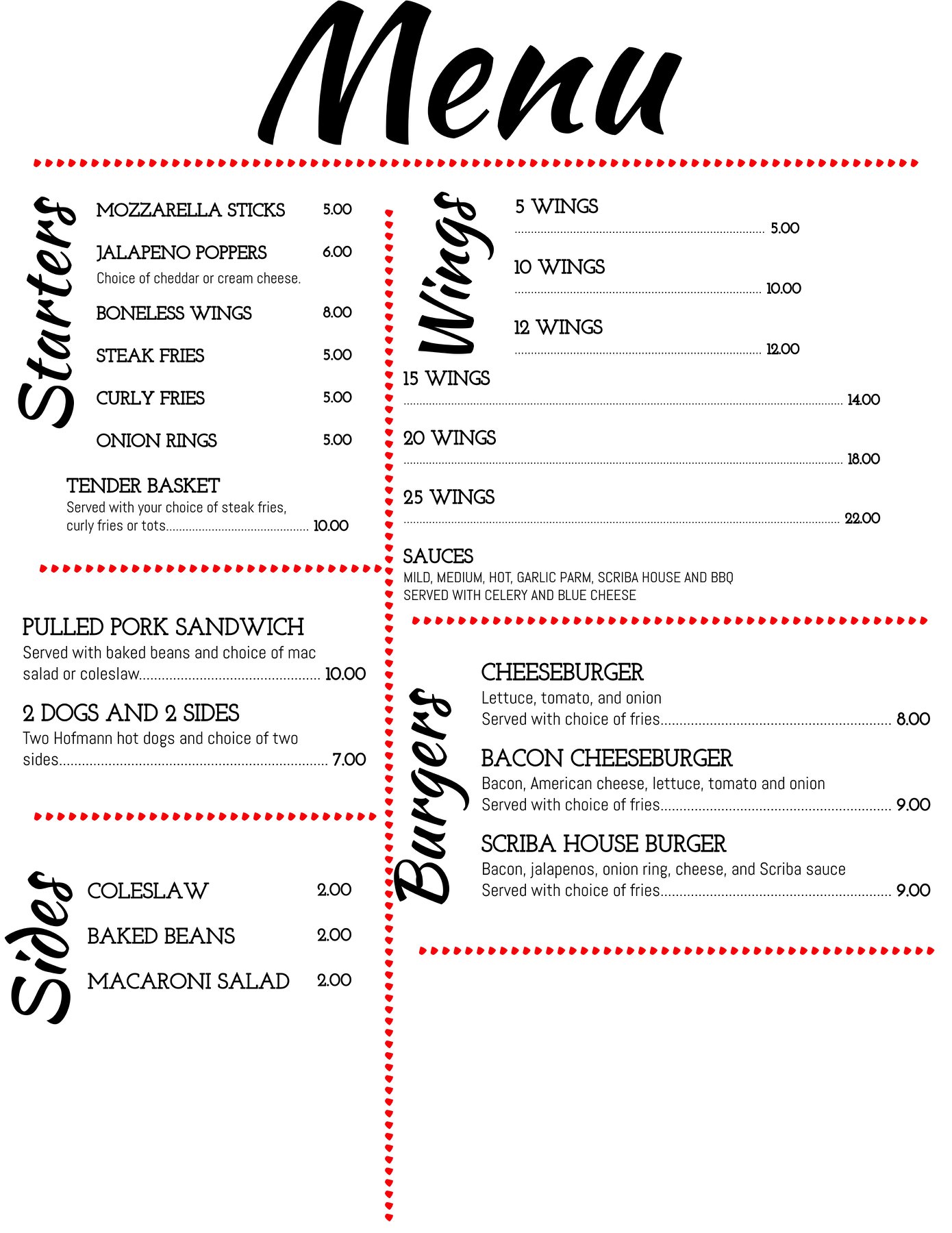 Scriba Town Inn Menu