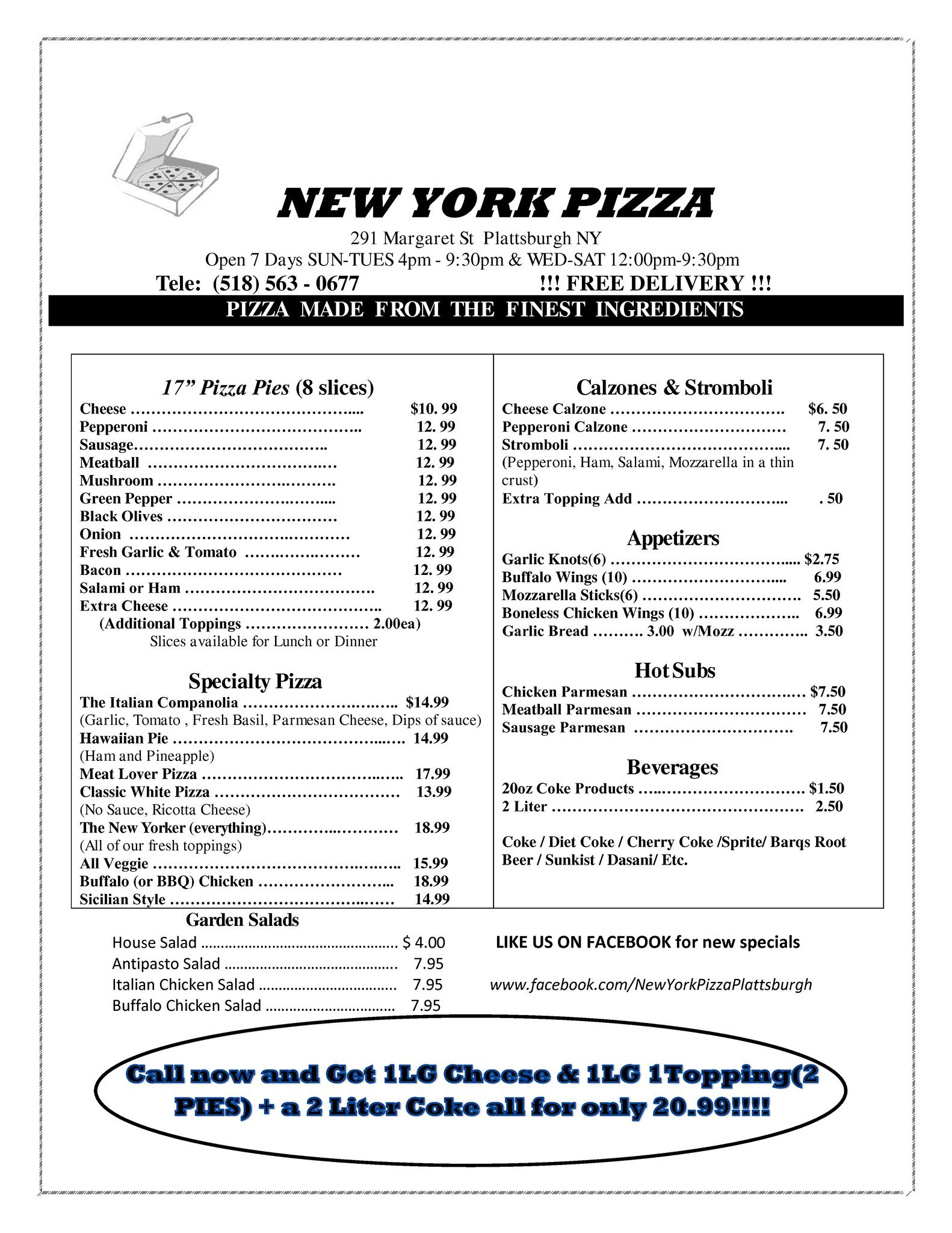 New York Pizza Menu