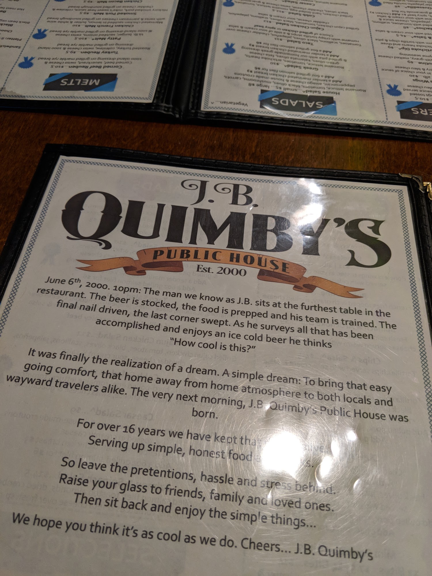 J B Quimby's Menu