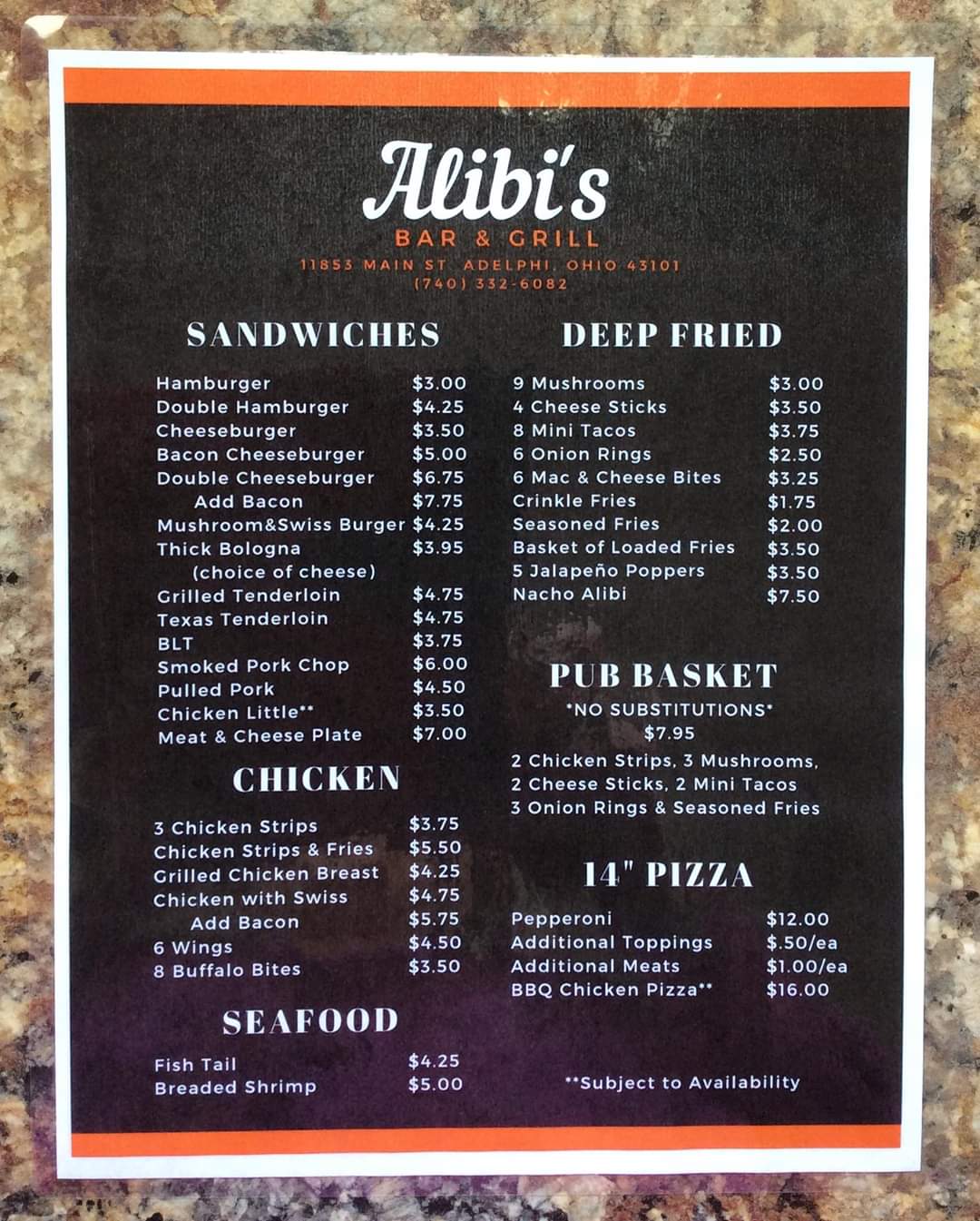 Adelphi Pub Menu