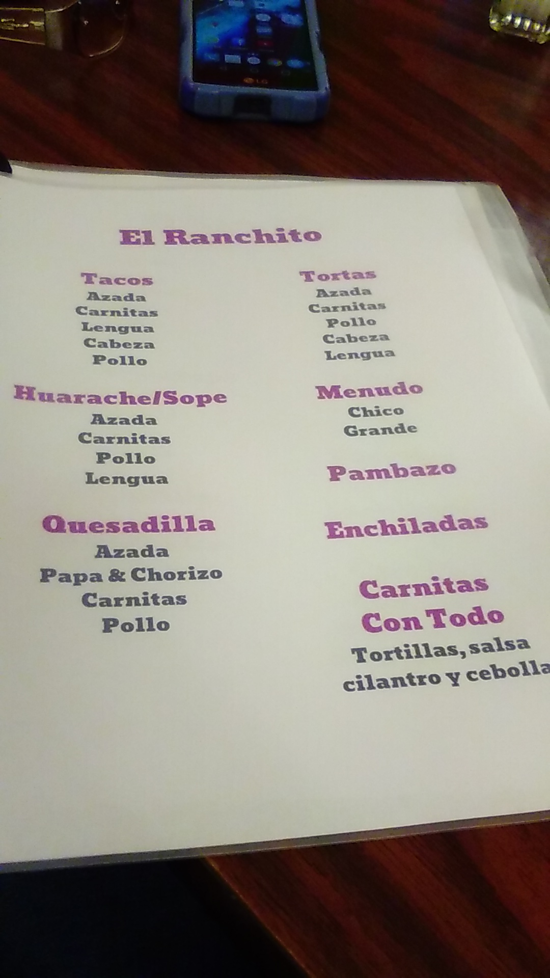 Panaderia El Ranchito Menu