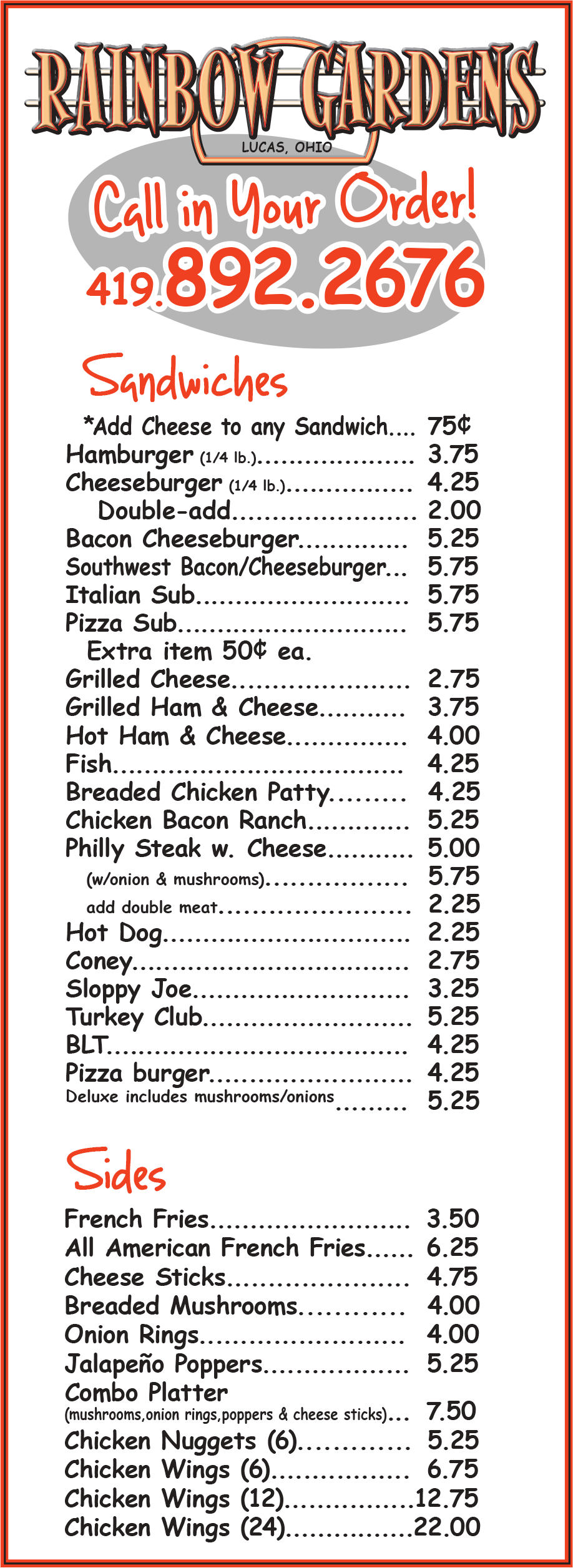 Rainbow Gardens Menu