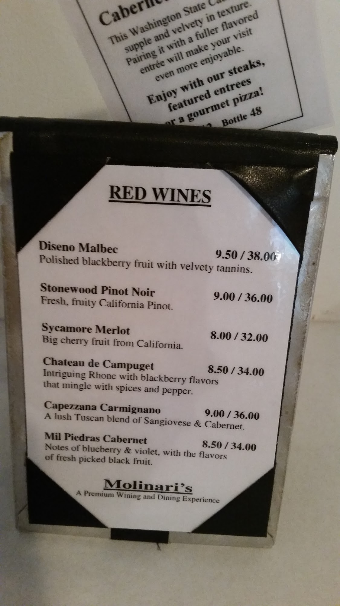 Molinari's Restaurant Menu