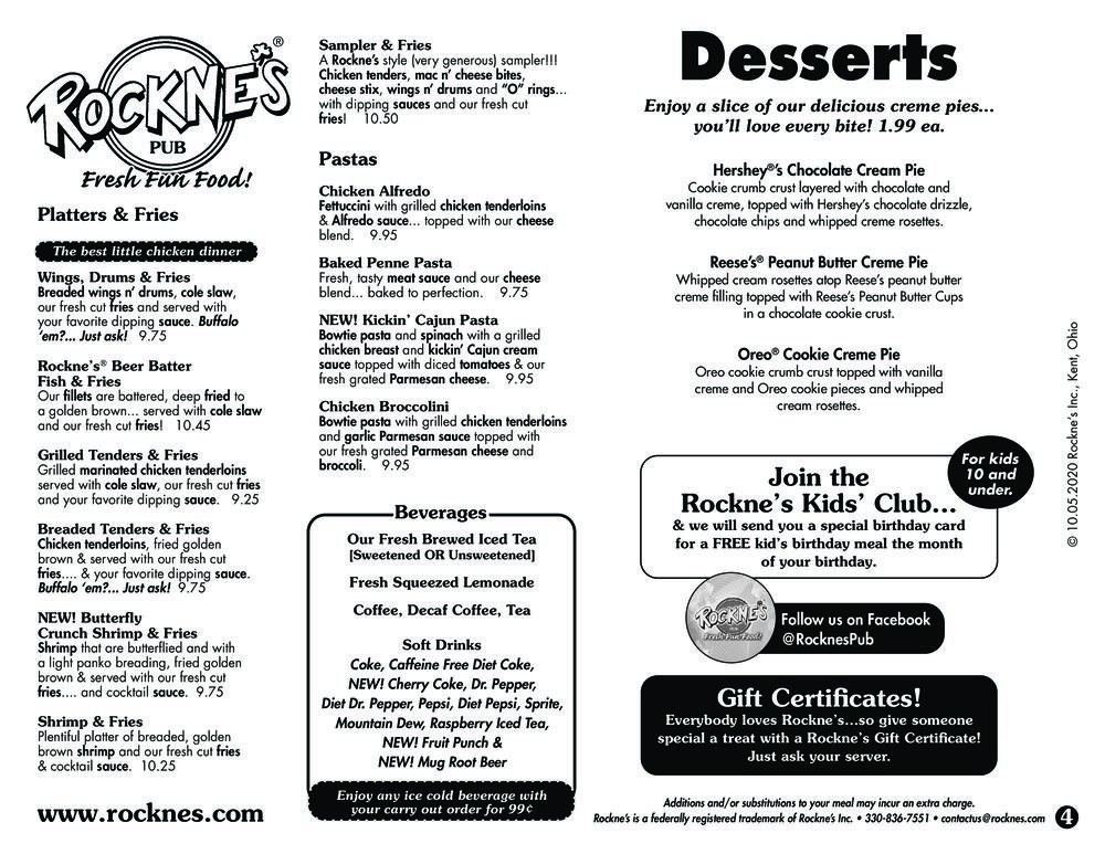 Rockne's Pub Menu
