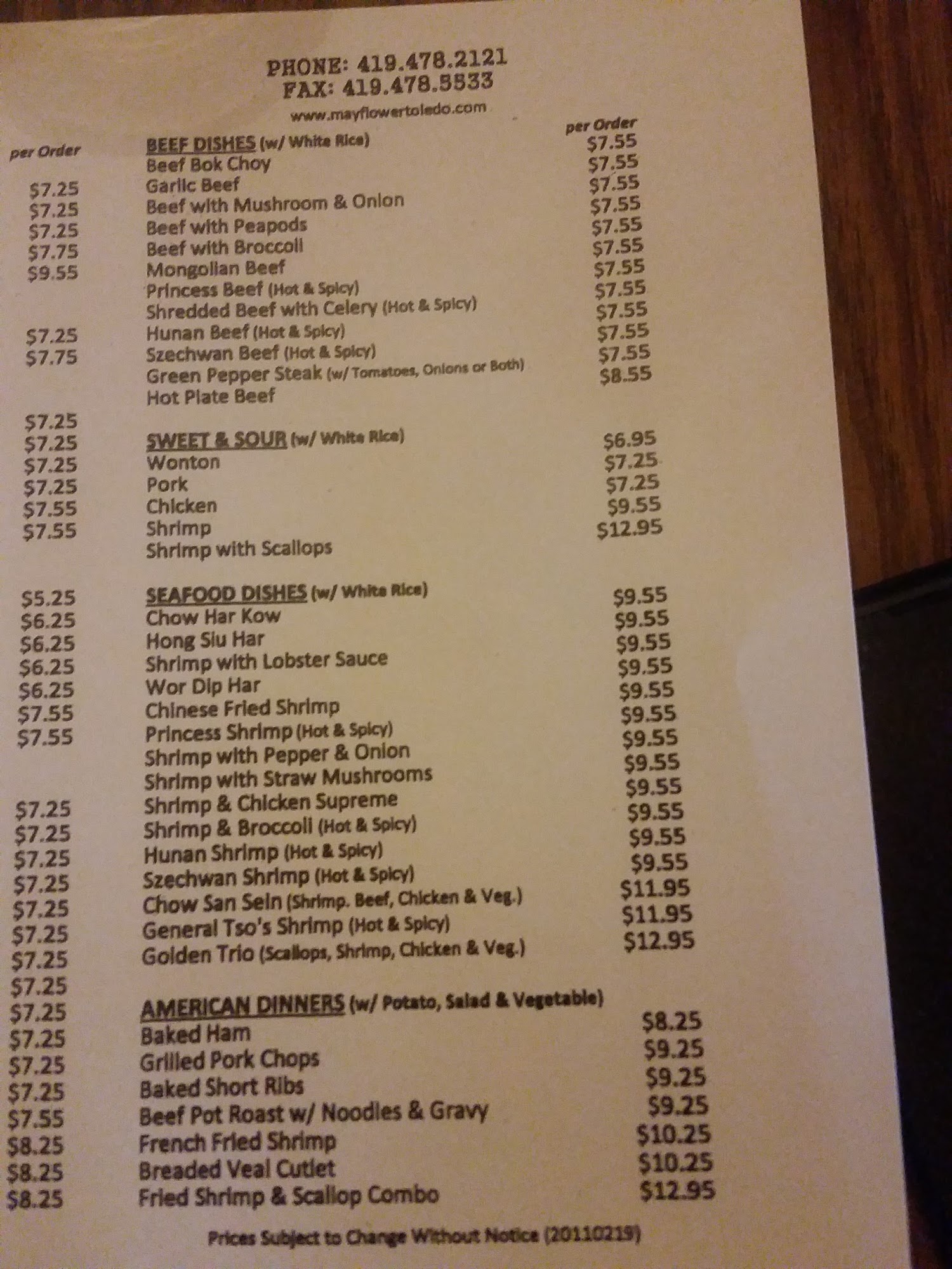 May Flower Restaurant Menu