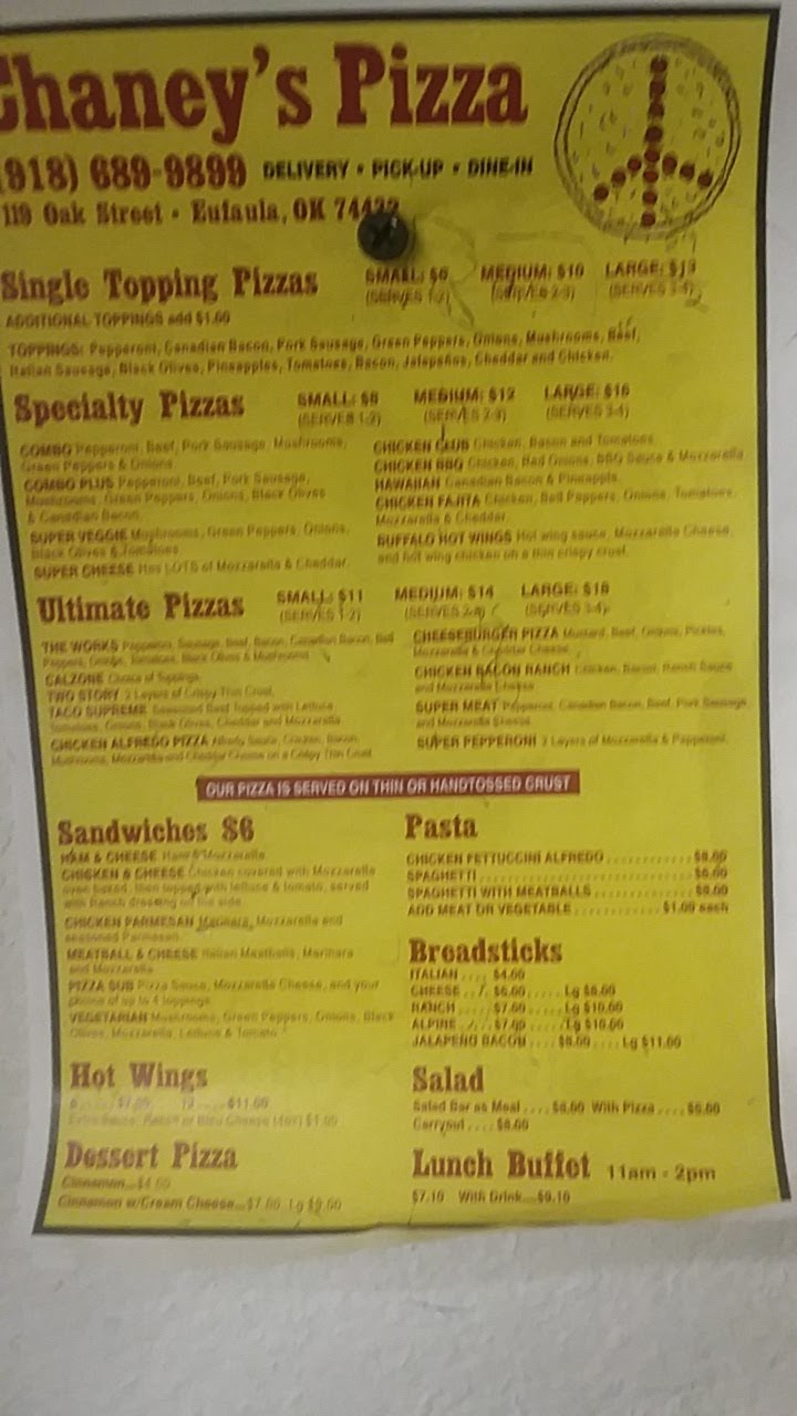 Chaney's Pizza Menu