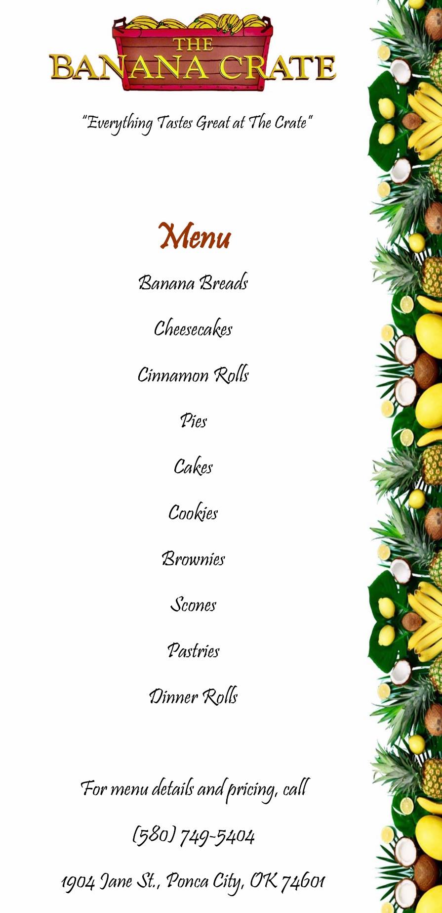 The Banana Crate Menu