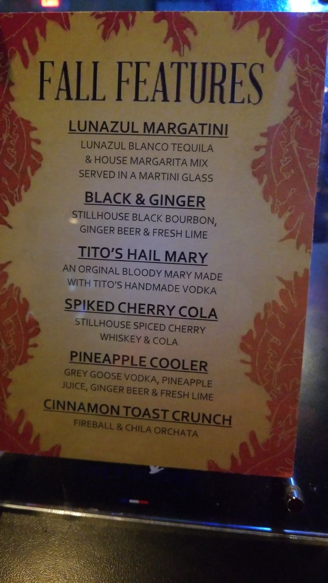 Grumpy’s tavern Menu
