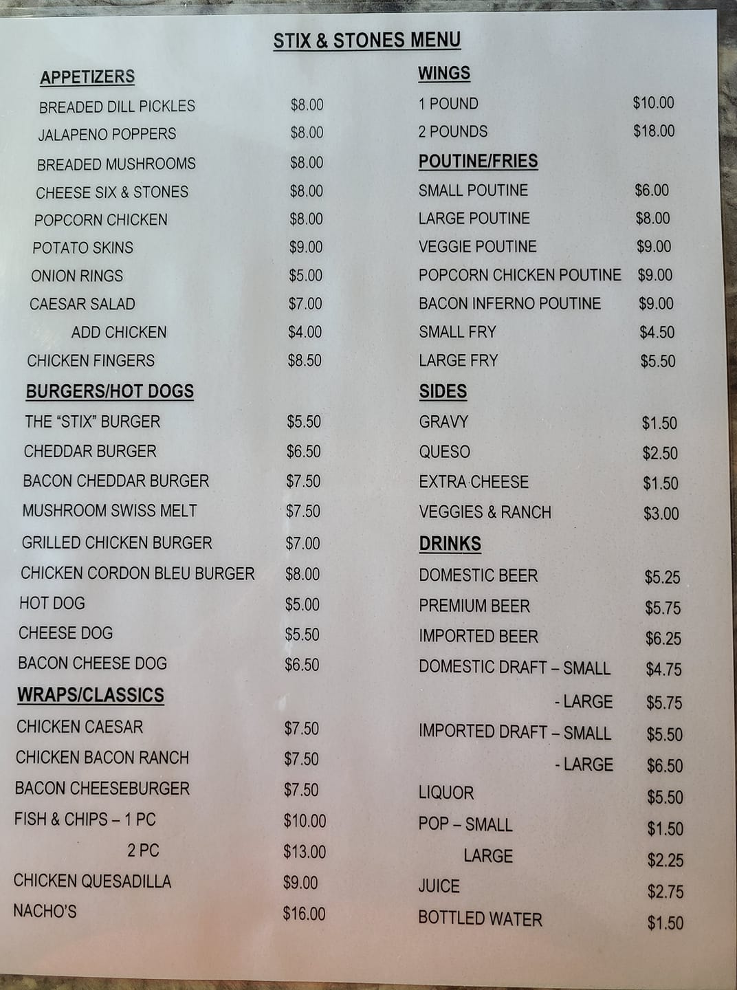 Stix & Stones Billiards Menu