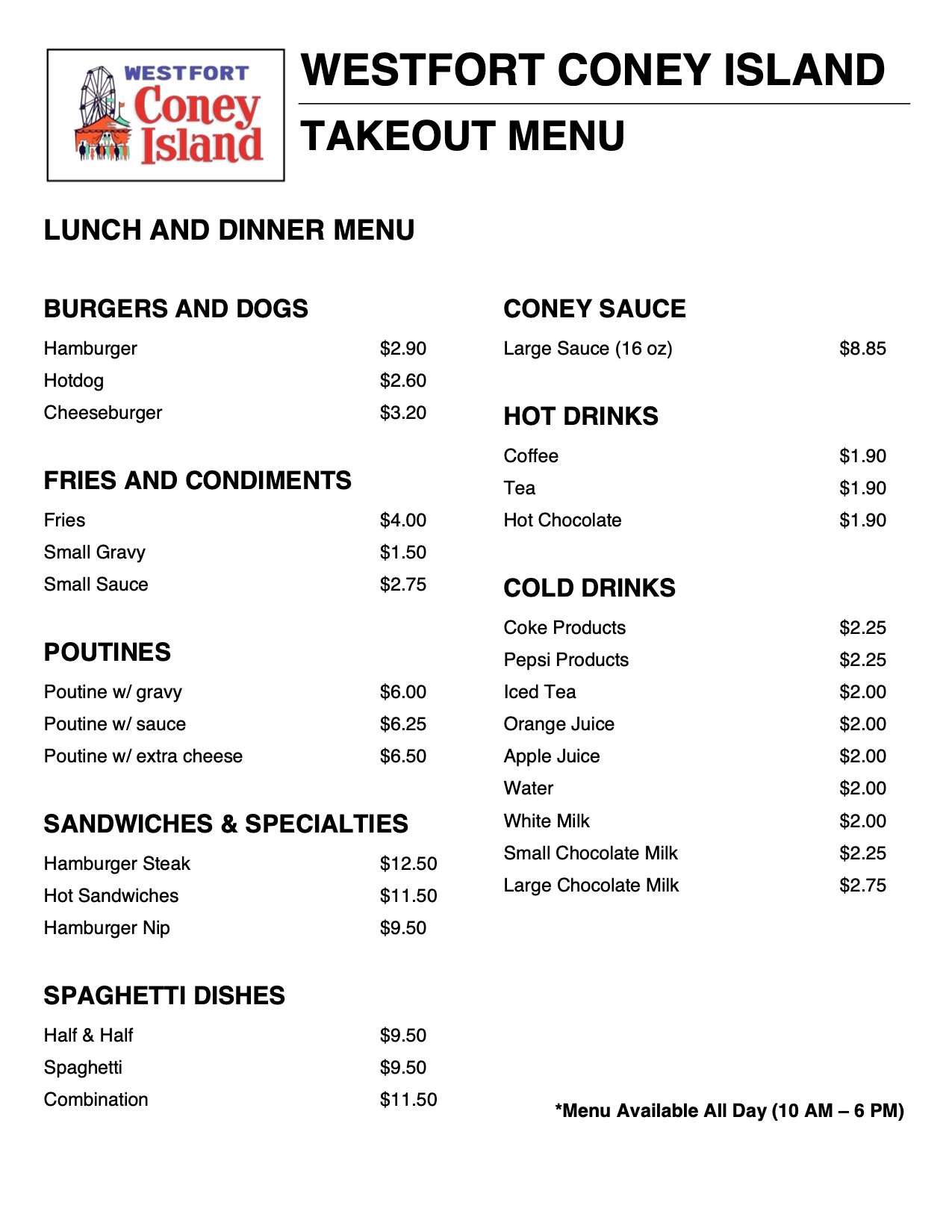 Coney Island Westfort Menu