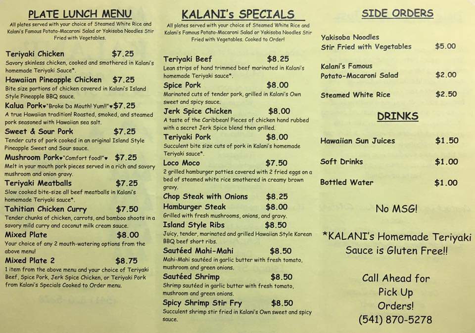 Kalani’s Curbside Menu