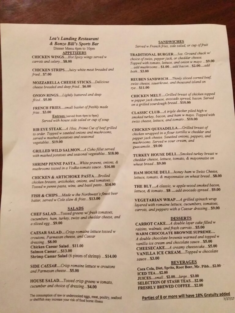 Lea's Landing Restaurant & Lounge Menu