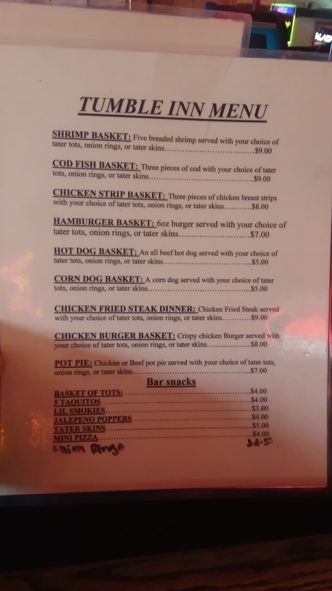 Tumble Inn Tavern Menu