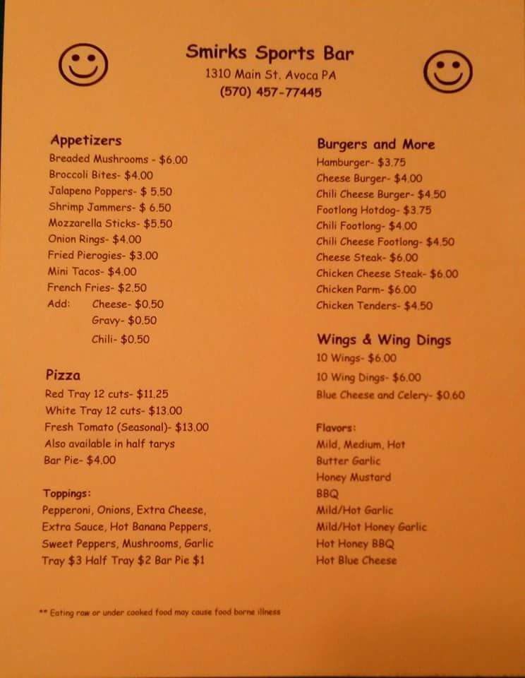 Smirks Sports Bar Menu