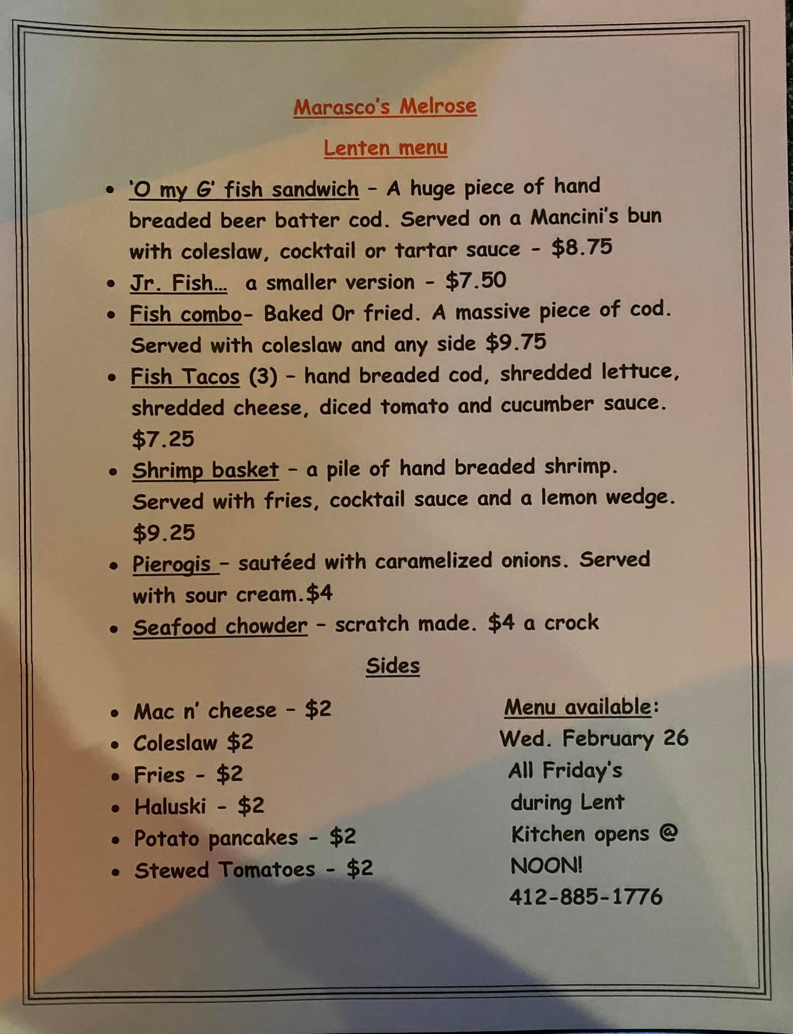 Rookies Bar Menu