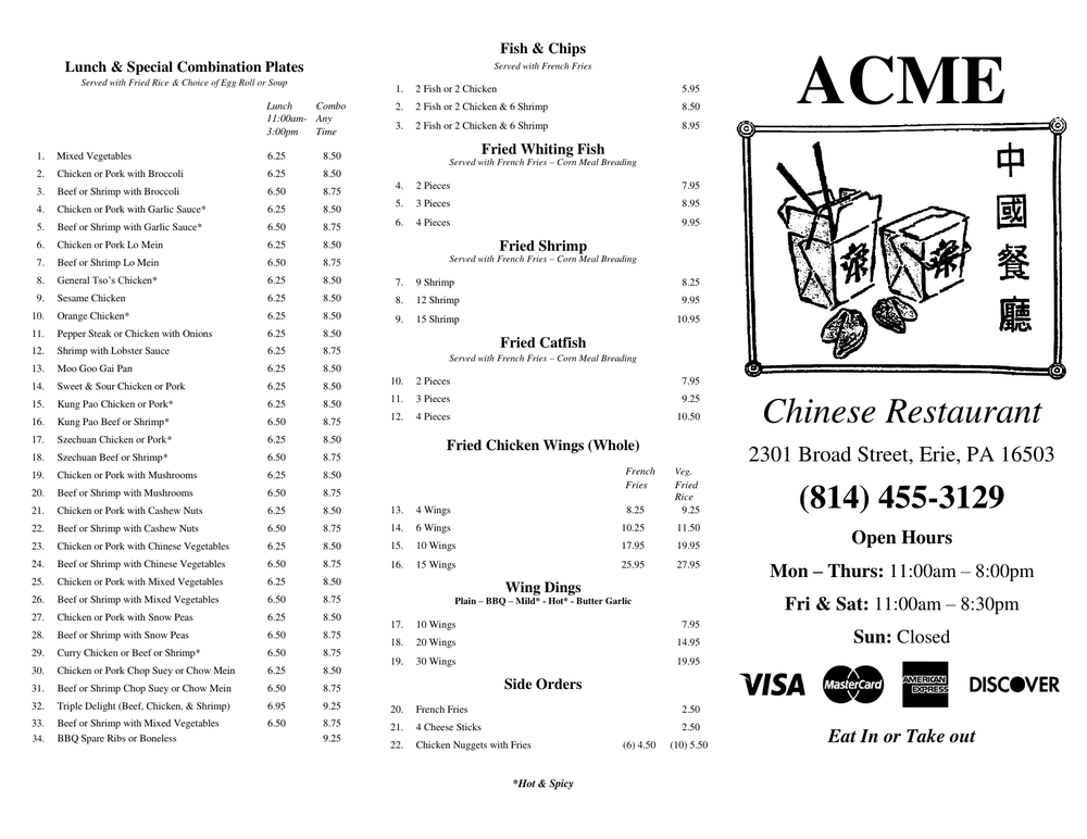Acme Chinese Restaurant 2301 Broad St, Erie