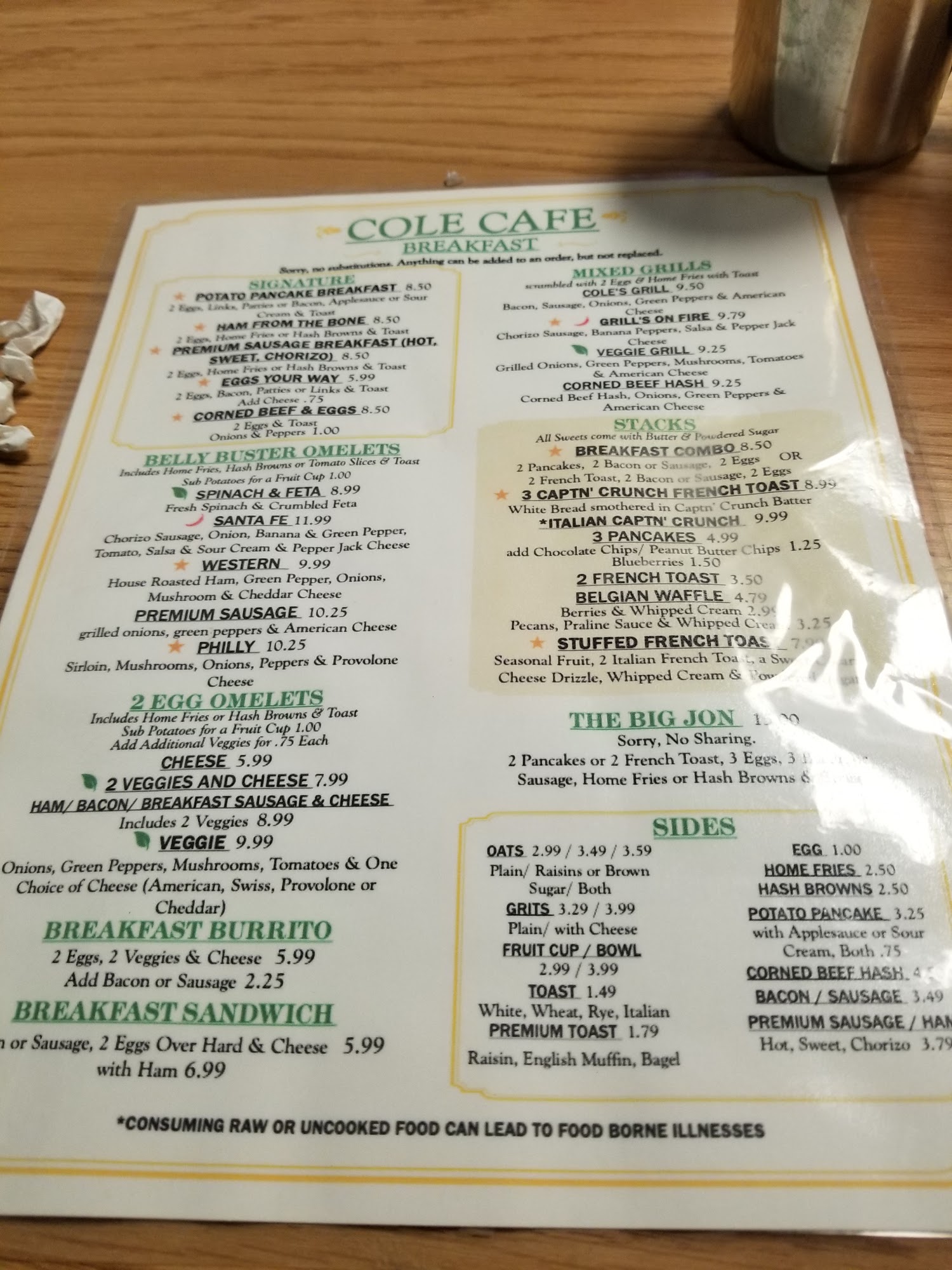 Cole Cafe Menu