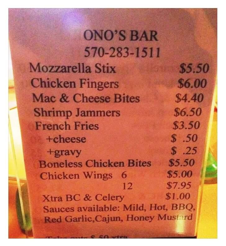 O'Nos Bar & Grill Menu