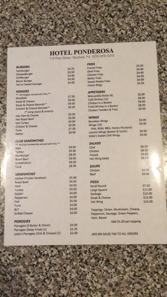Ponderosa Hotel Menu