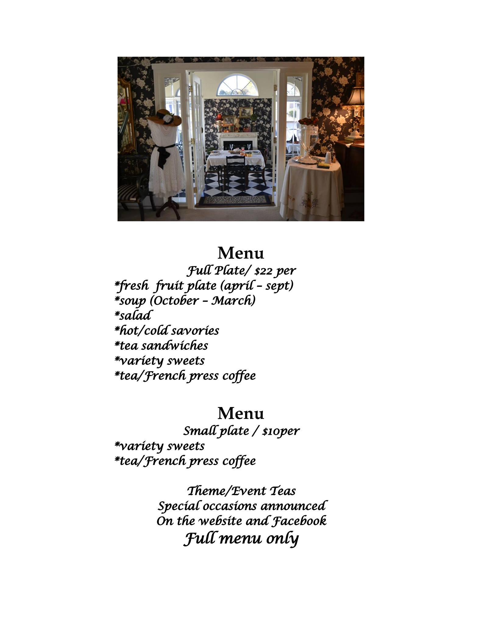 The Regina House Tea Room Menu