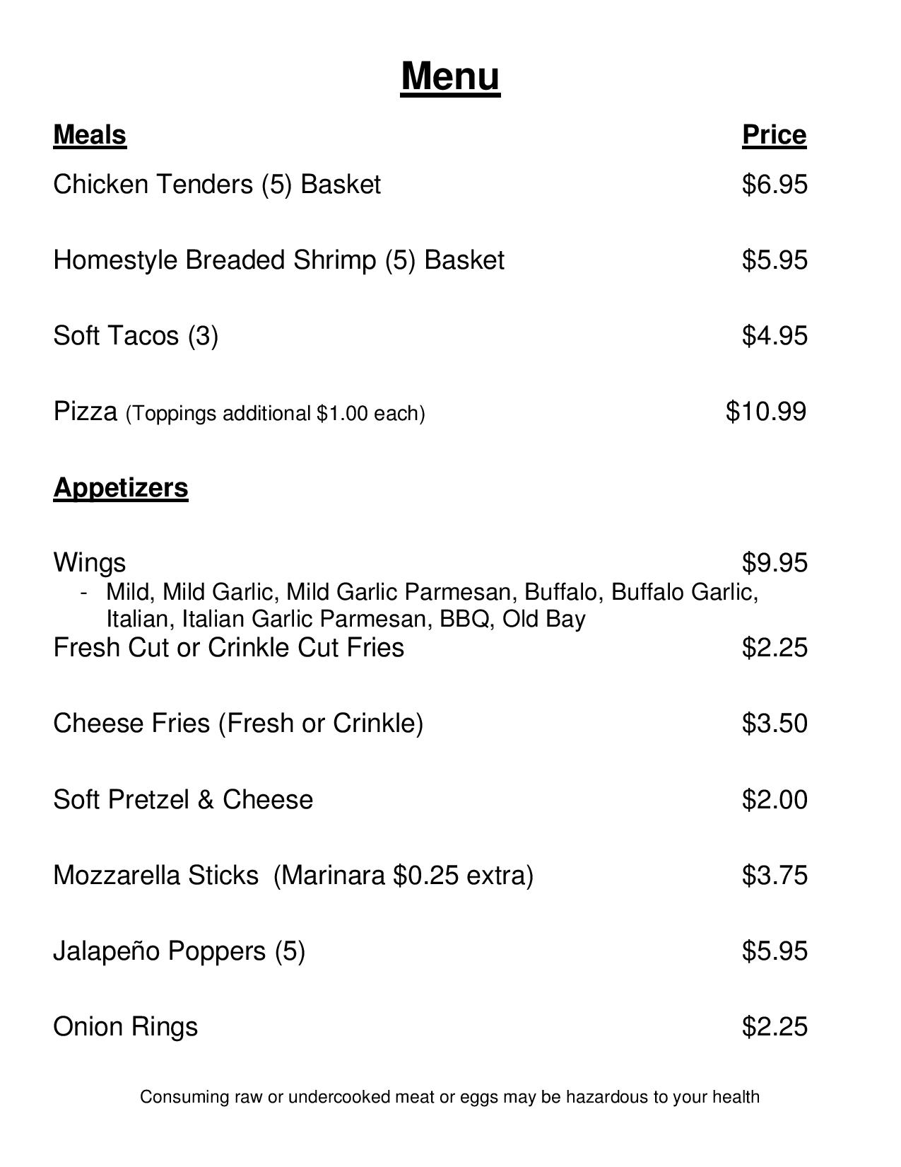 JLP Bar & Grill Menu