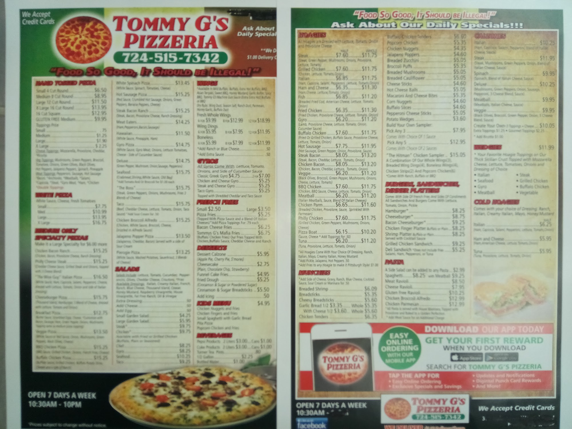 Tommy G's Pizzeria Menu