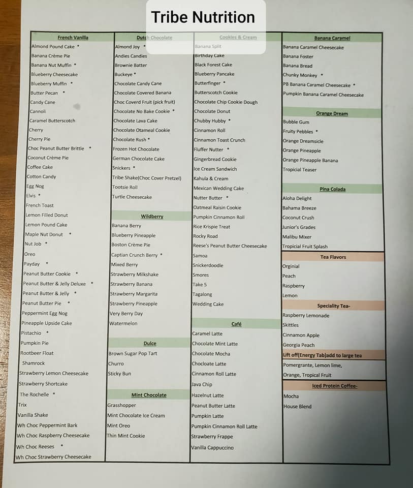 Tribe Nutrition Menu