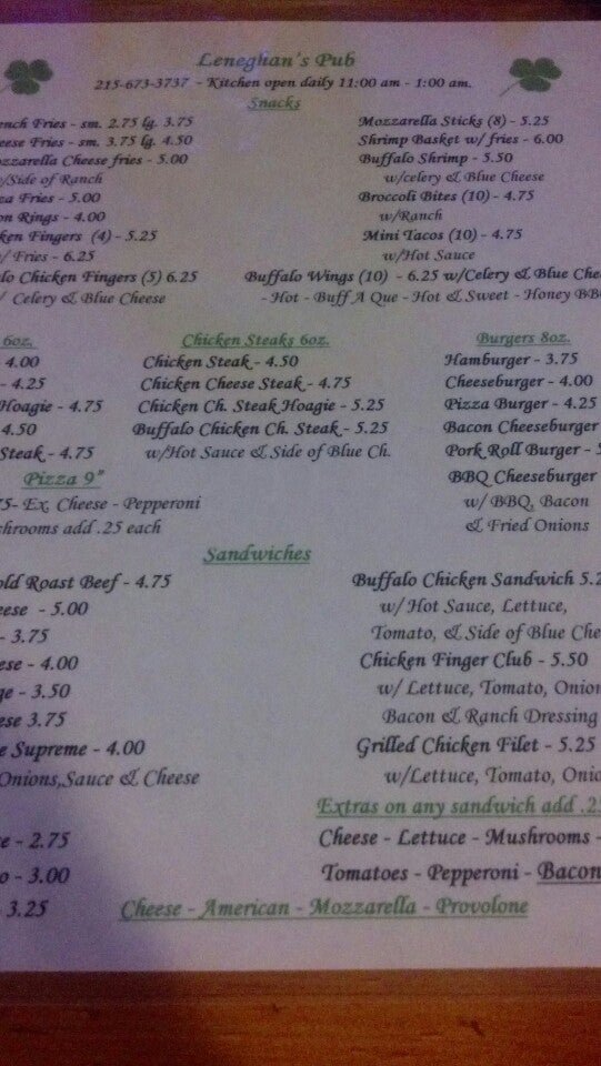 Leneghan’s Crusader Inn Menu