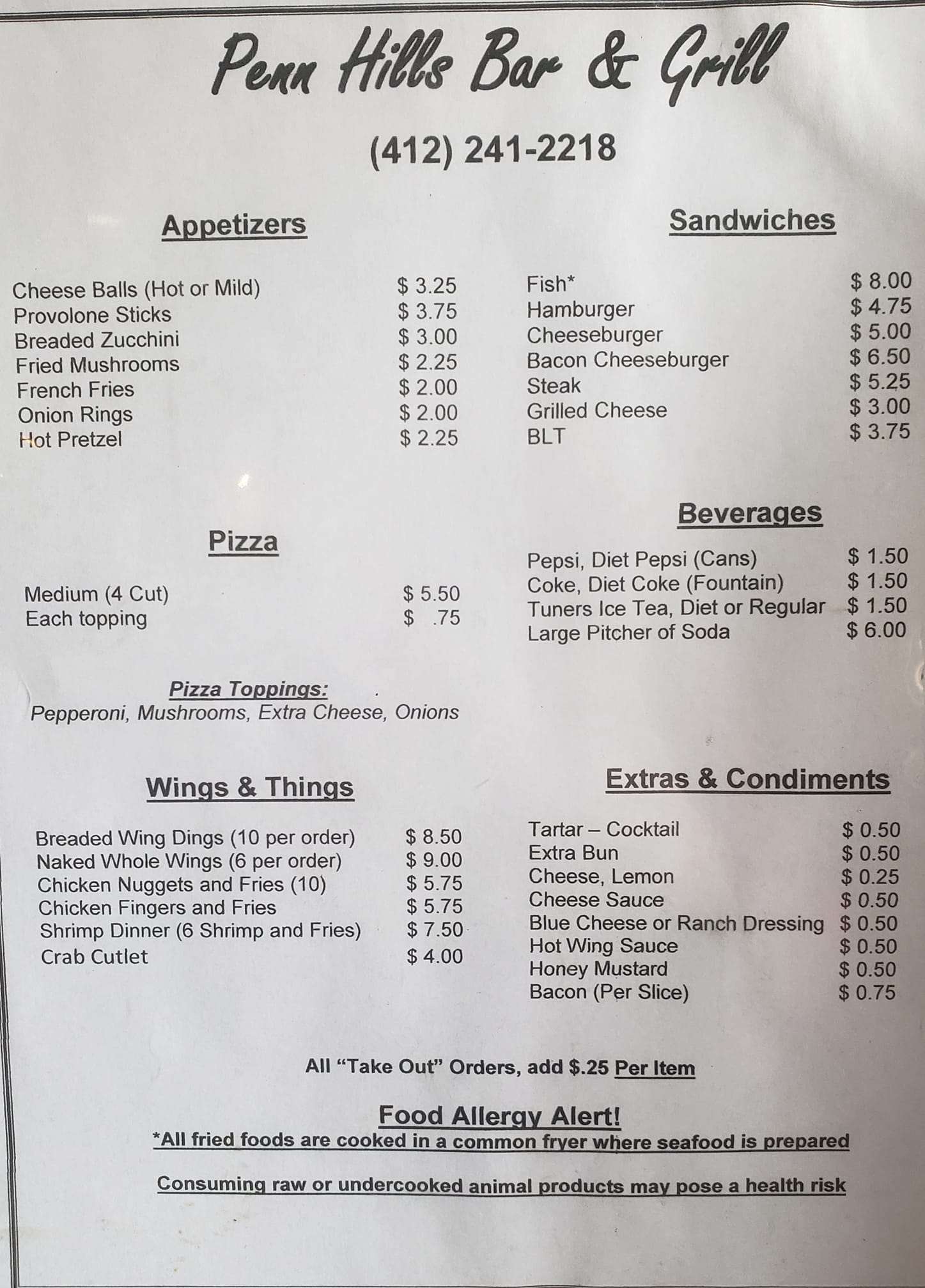 Penn Hills Bar & Grill Inc Menu