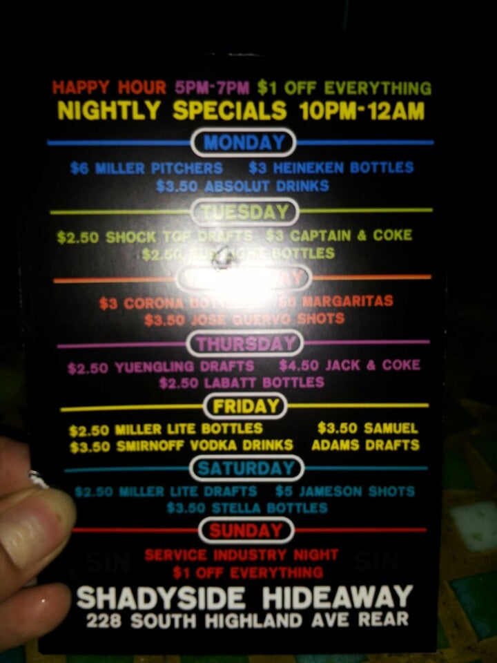 Shadyside Hideaway Bar Menu