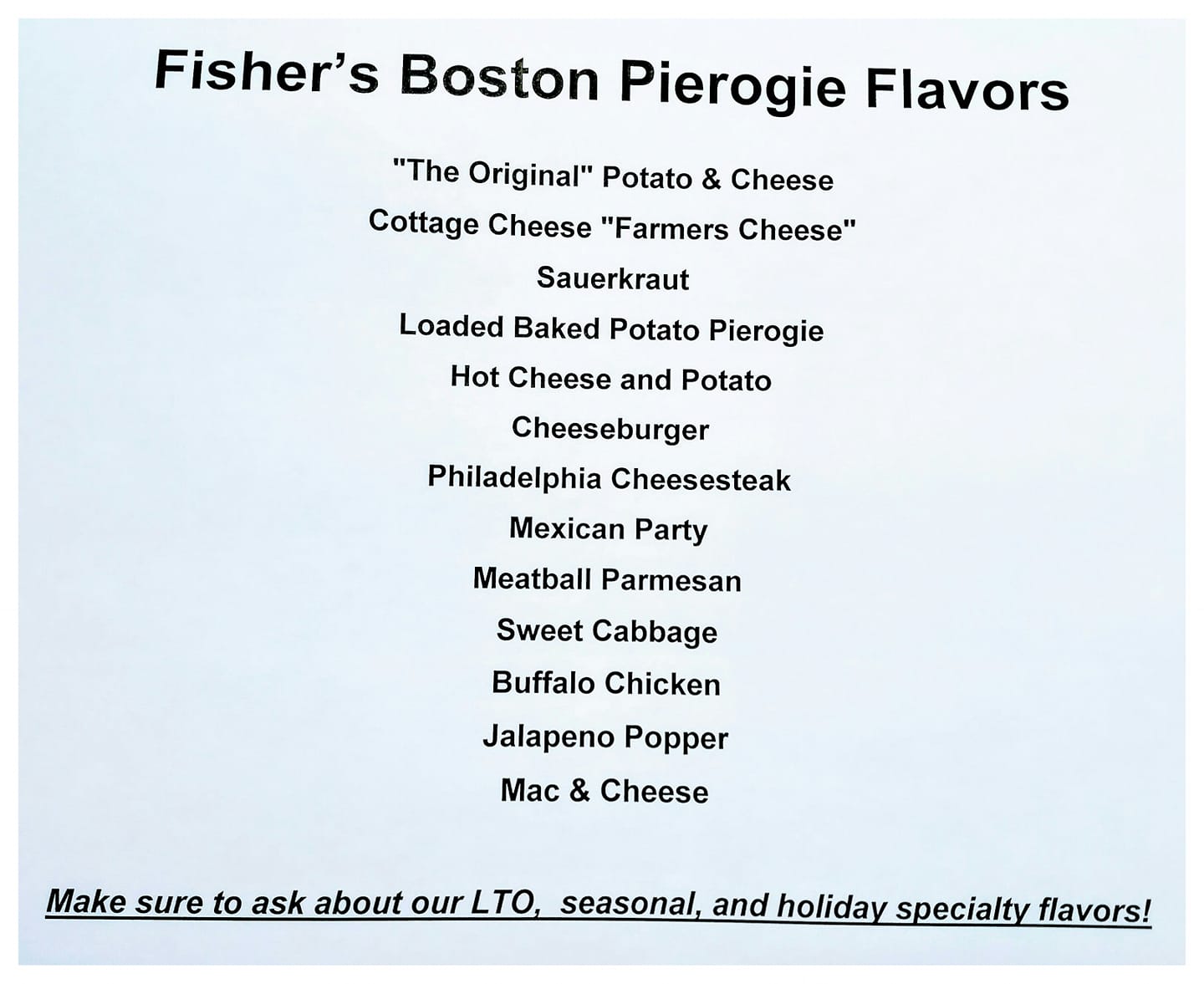 Fisher's Boston Pierogies Menu