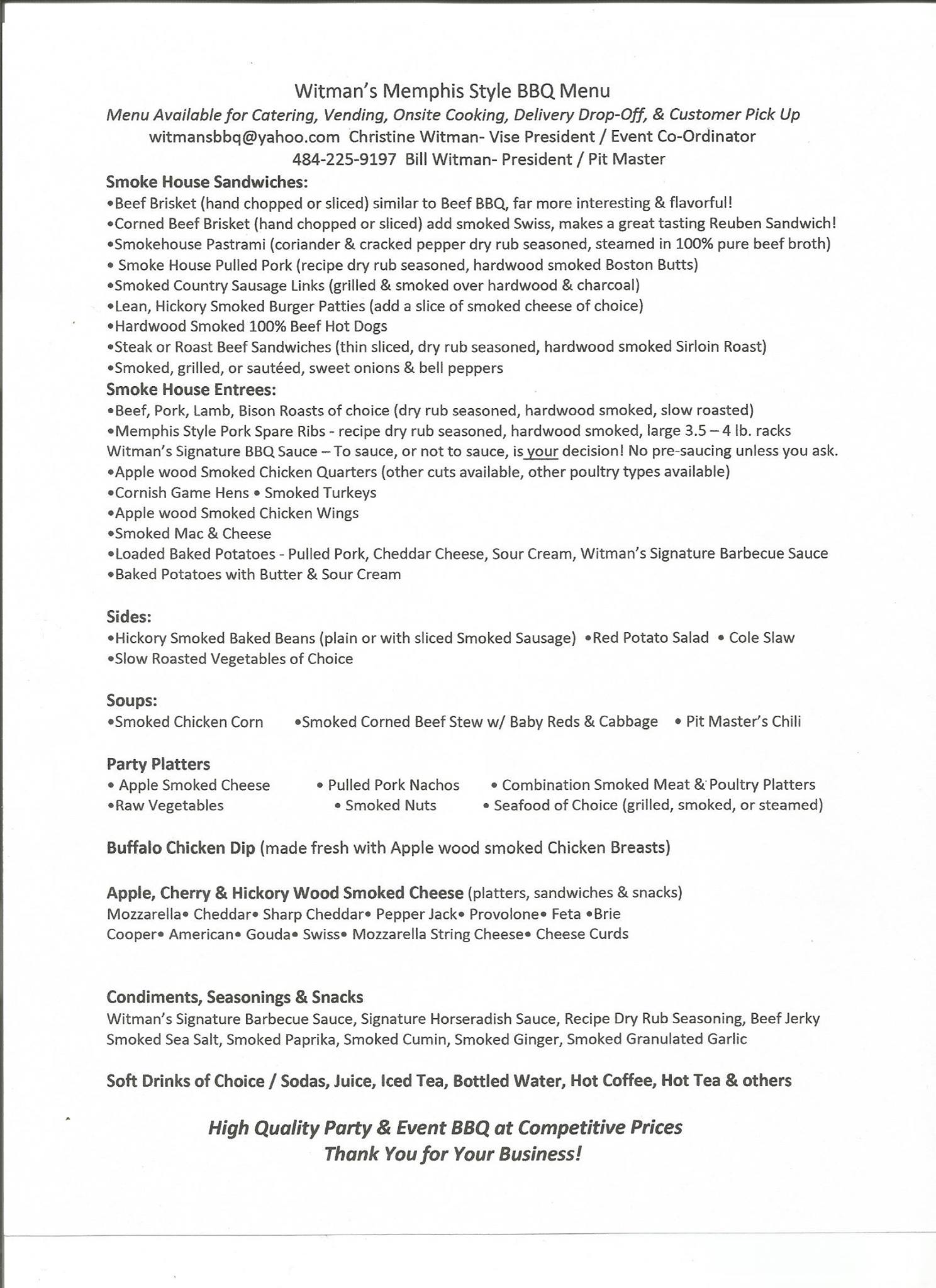 Witman's BBQ Pits Menu