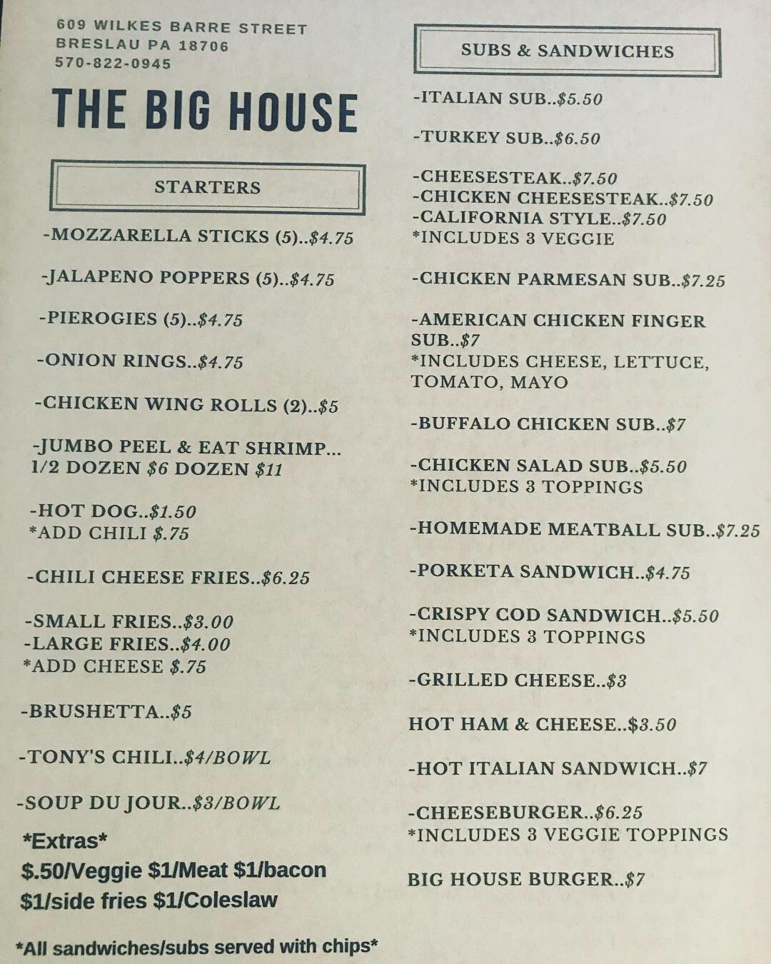 Big House Menu