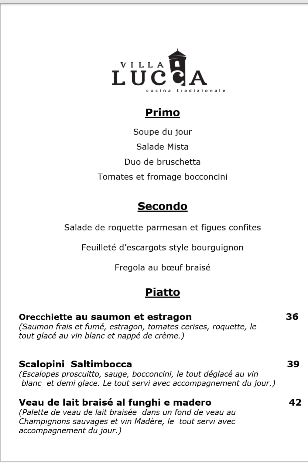 Villa Lucca Menu