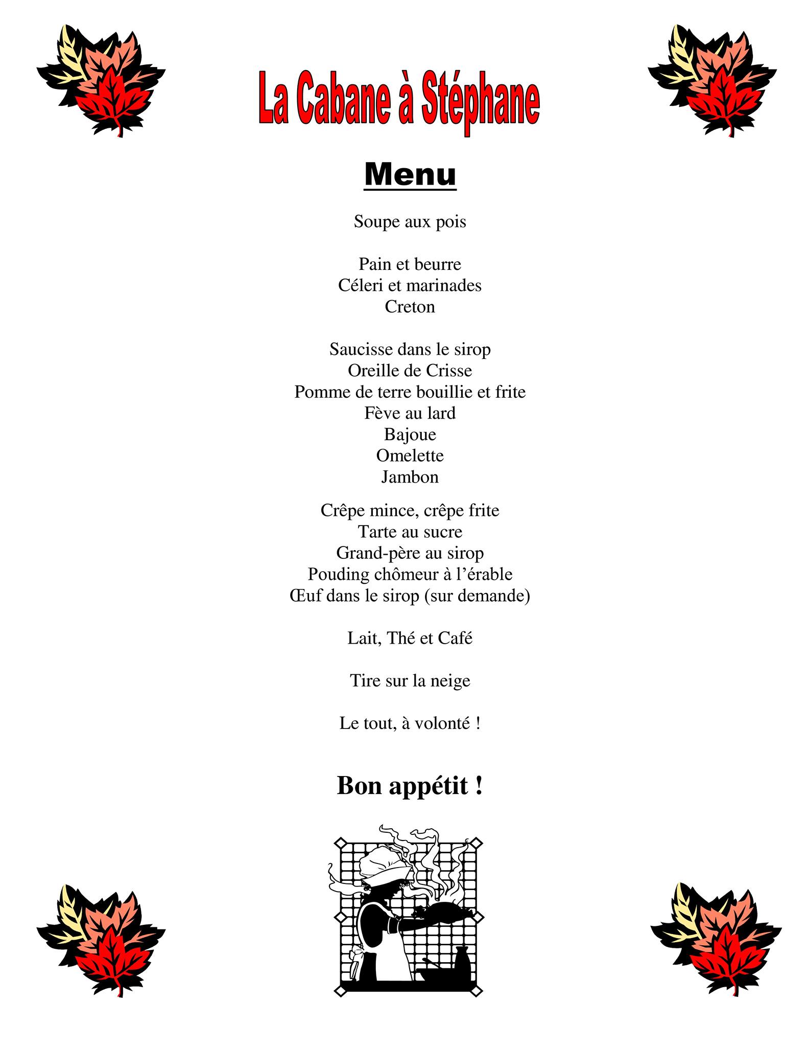 Cabane à Stéphane Menu