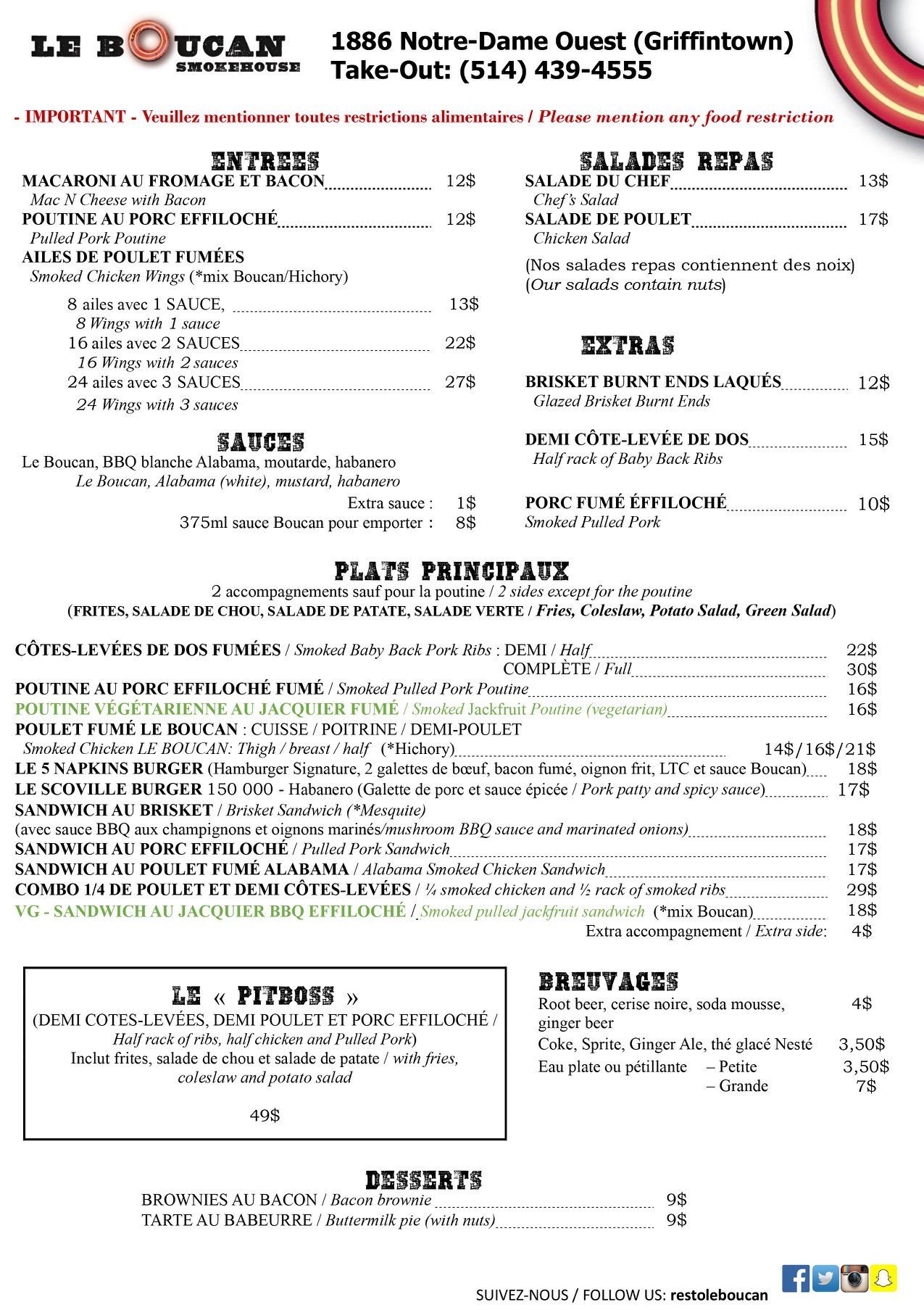 Le Boucan Smokehouse 1886 Notre-Dame St W, Montreal