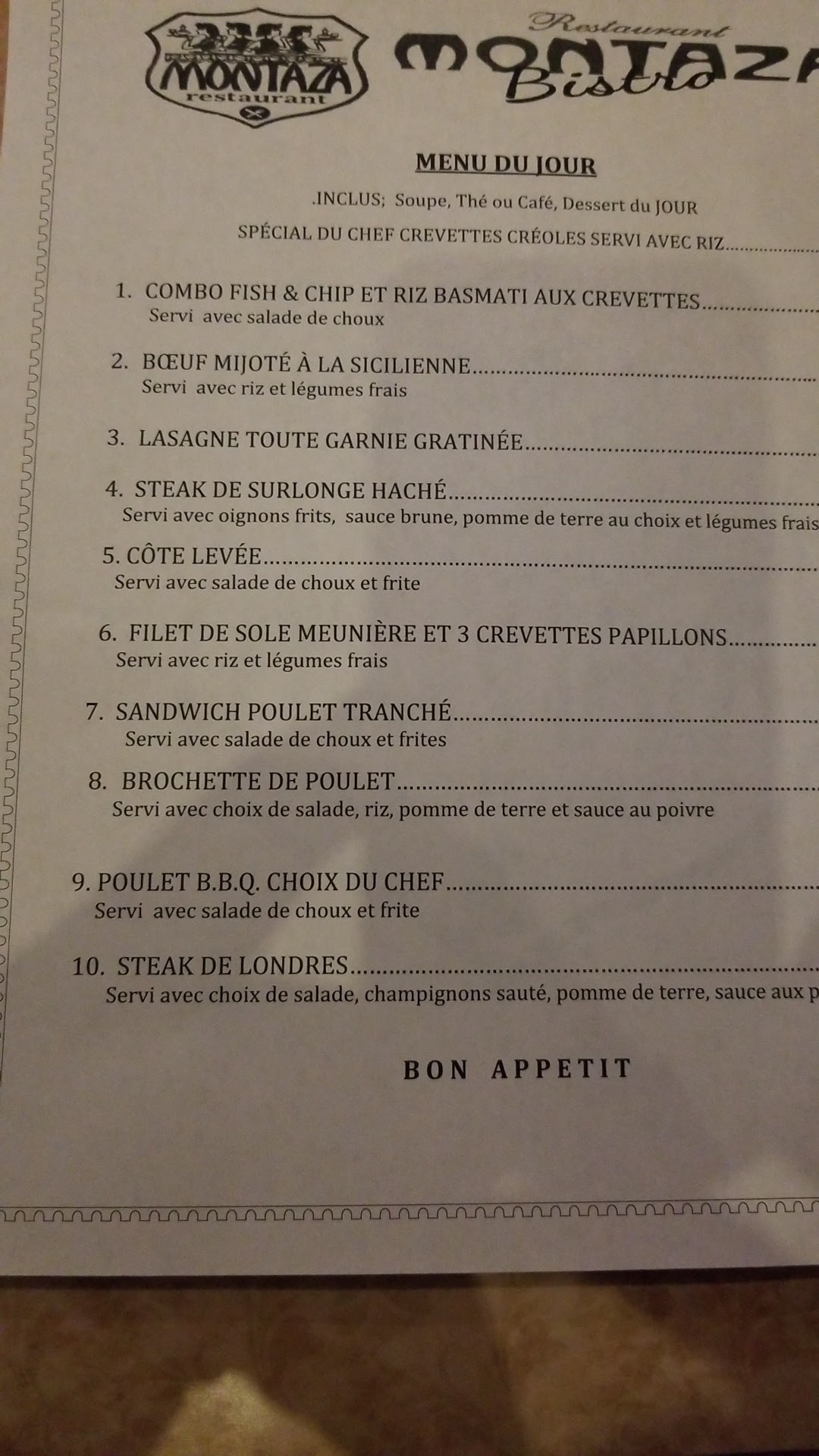 Restaurant Montaza Menu