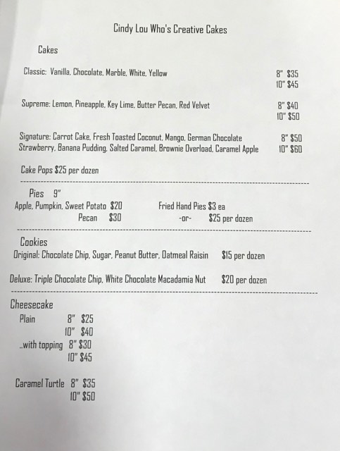Cindy Lou Who's Creative Cakes Menu