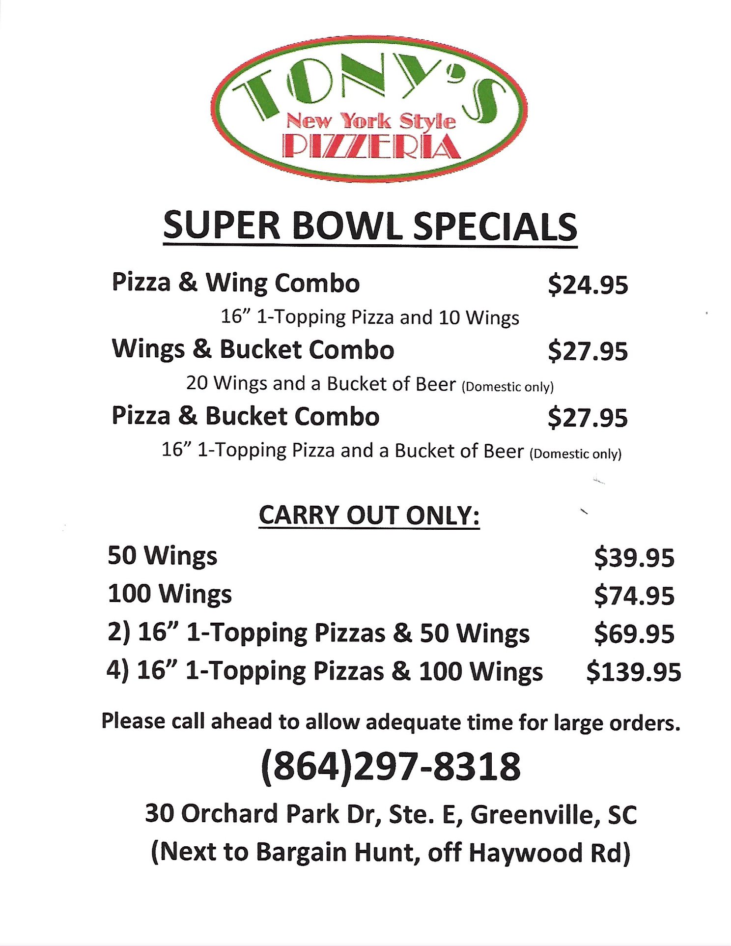 Tony's New York Style Pizzeria 30 Orchard Park Dr, Greenville