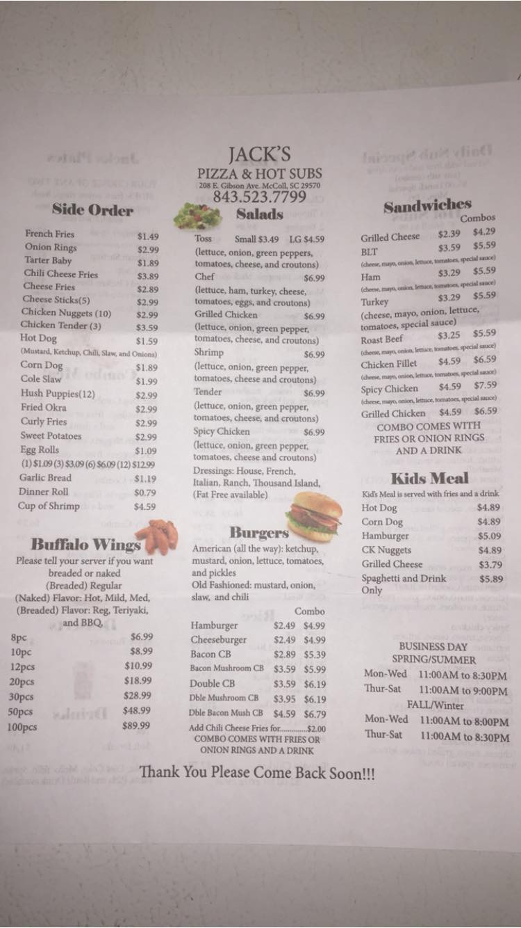 Jack's Pizza & Hot Subs, McColl Menu, Reviews (38), Photos (23) Restaurantji