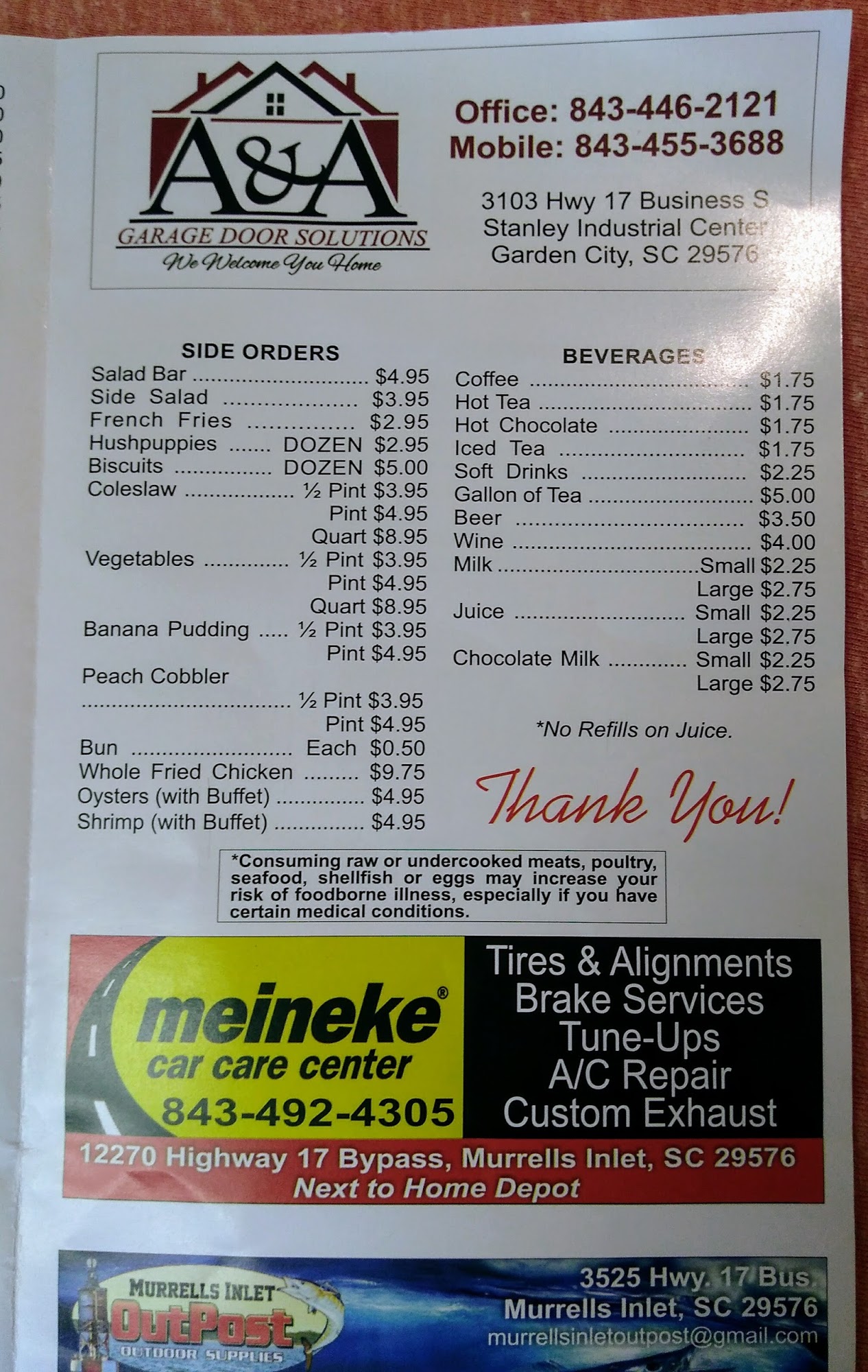 Prosser's Barbecue Menu