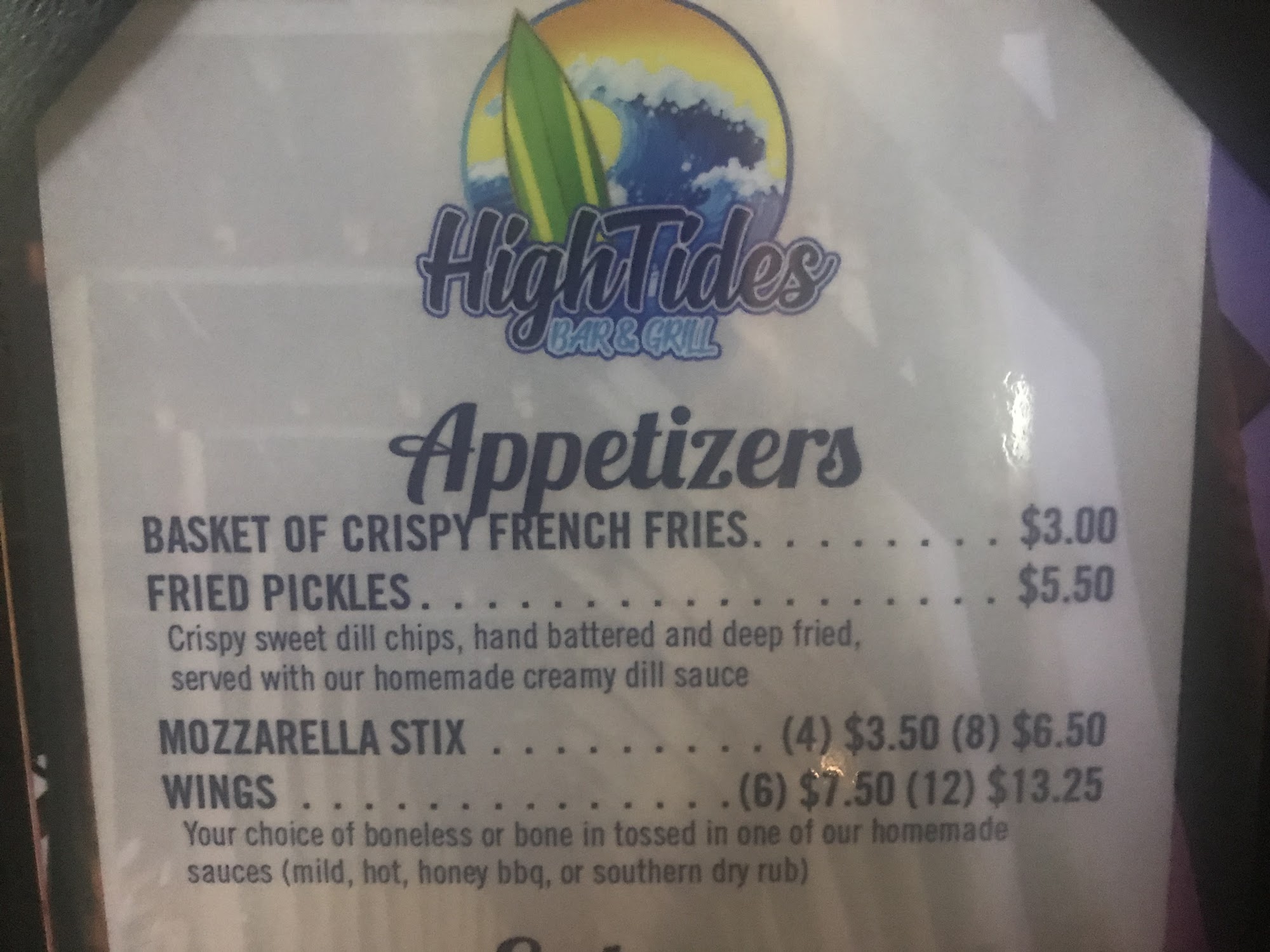 HighTides Bar &Grill Menu