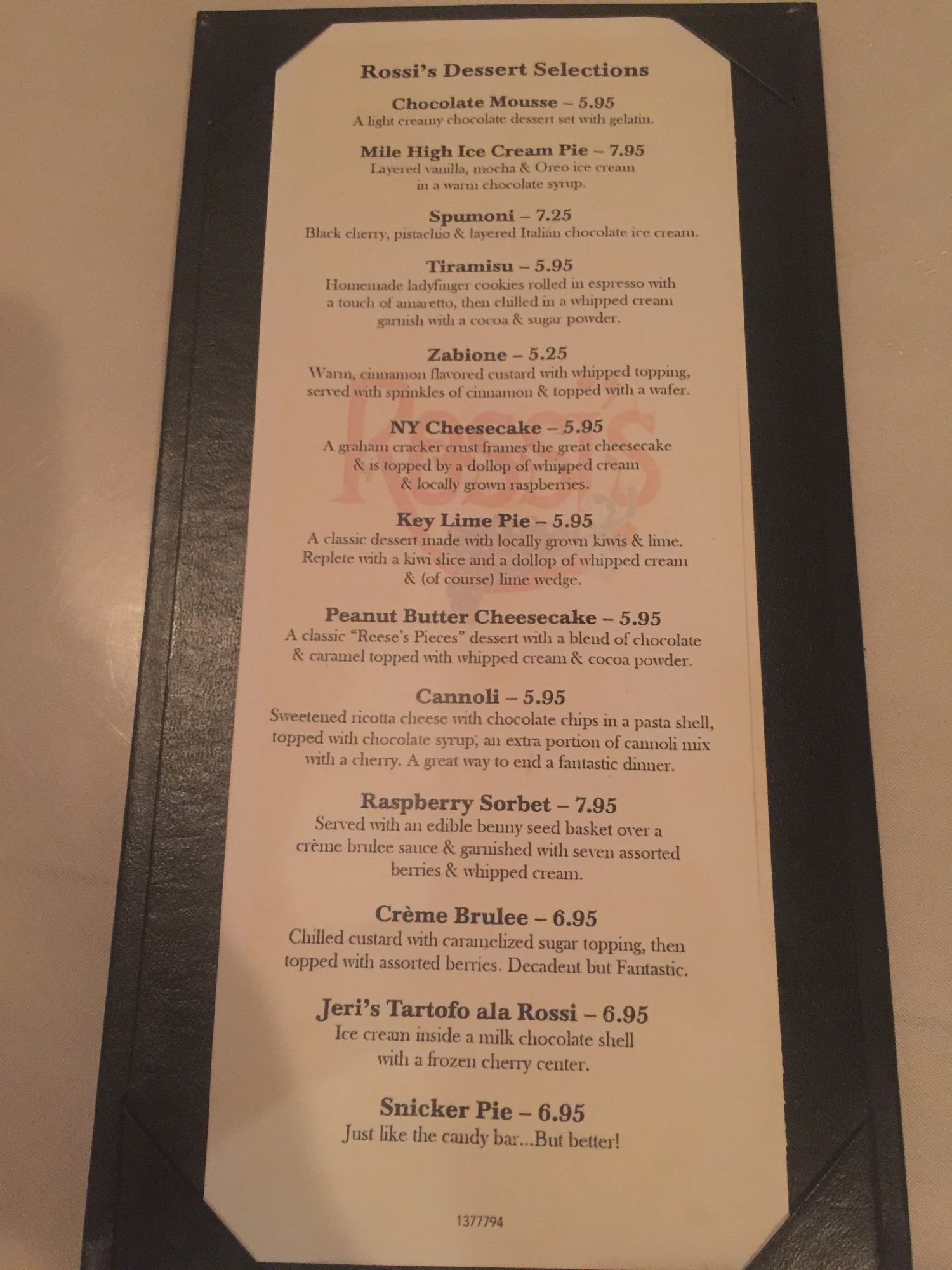 Rossi's Italian Restaurant Menu
