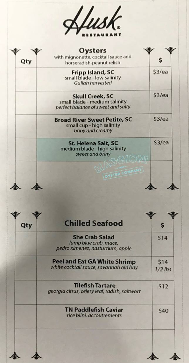 Maggioni Seafood Menu