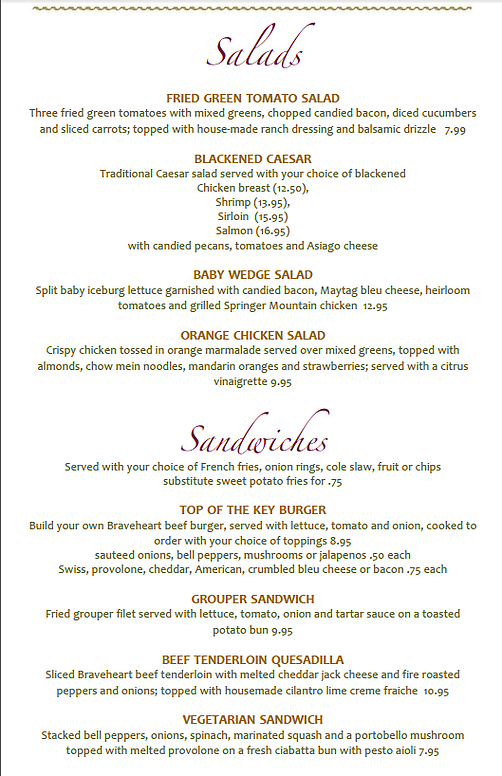 The Club at Keowee Key Menu