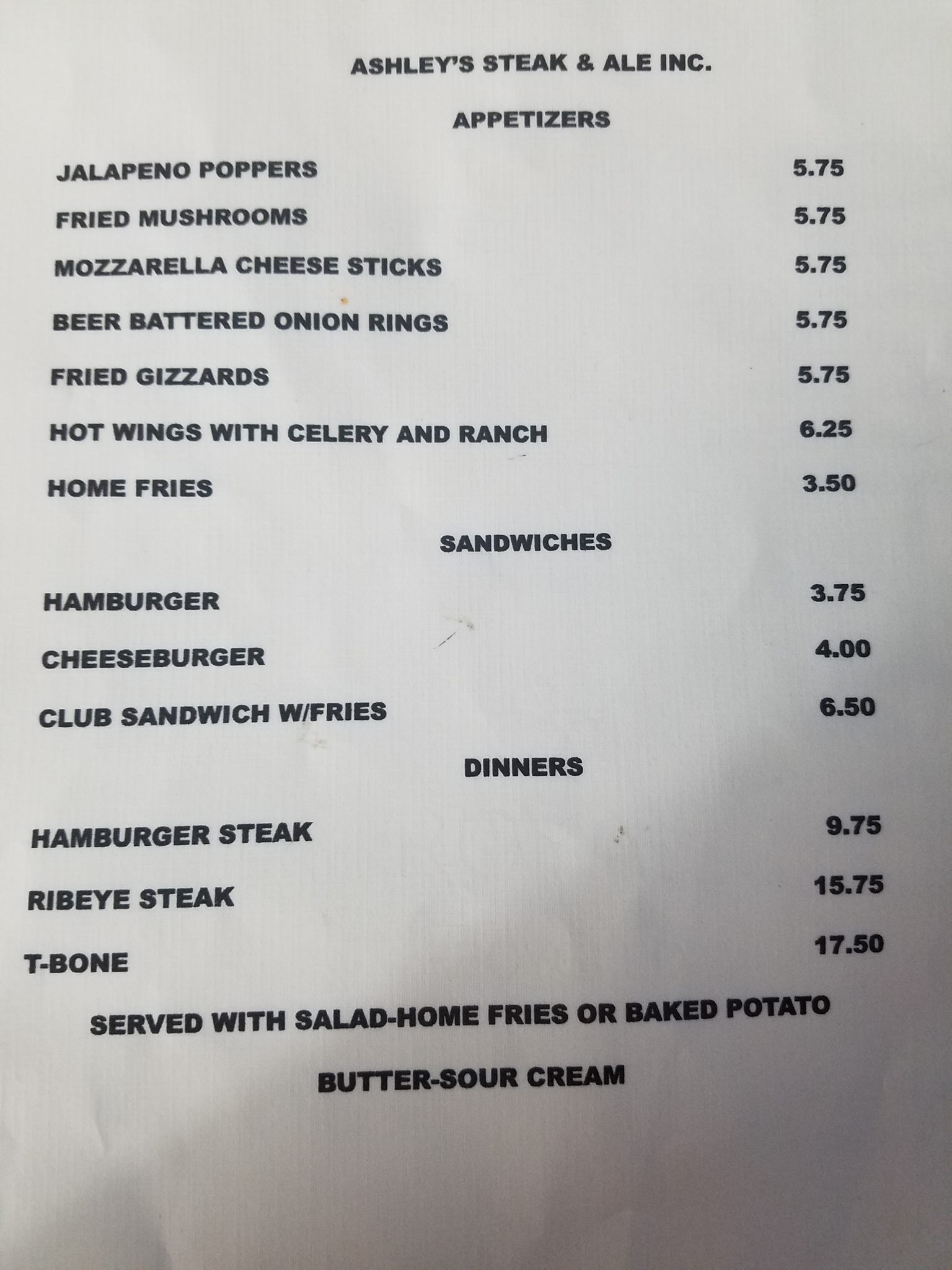 Ashley's Bar & Grill Menu